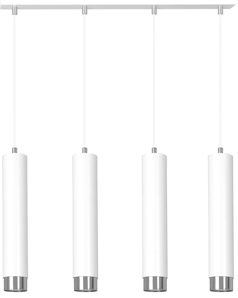 Lampadario 4 Luci Brunilde In Acciaio Bianco E Tubolari In Bianco E Cromo