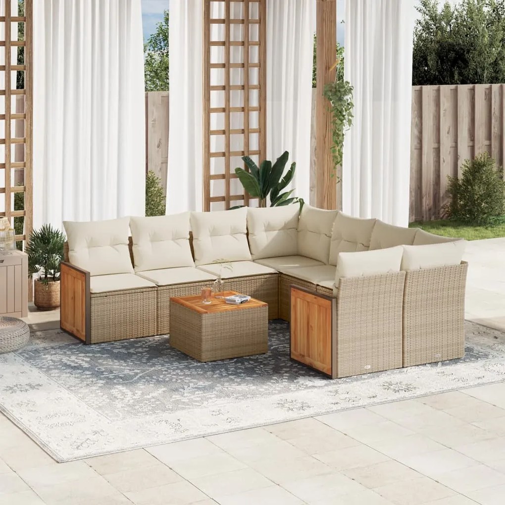 Set Divano da Giardino 9 pz con Cuscini Beige in Polyrattan