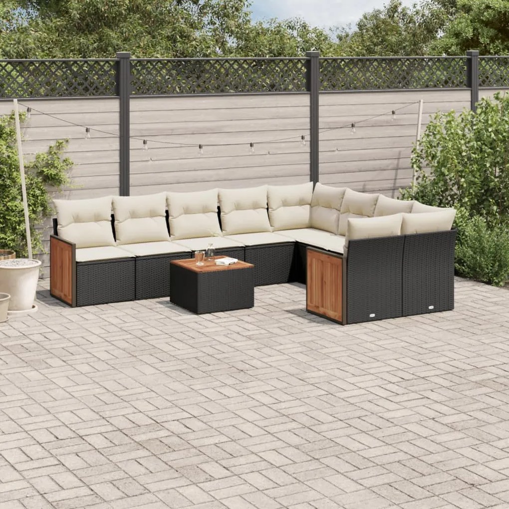 Set divani da giardino 10pz con cuscini in polyrattan nero