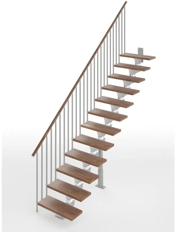 Scala a rampa dritta Vida IRIS, larghezza 60 cm, struttura in acciaio grigio argento, gradini in legno faggio, colore noce
