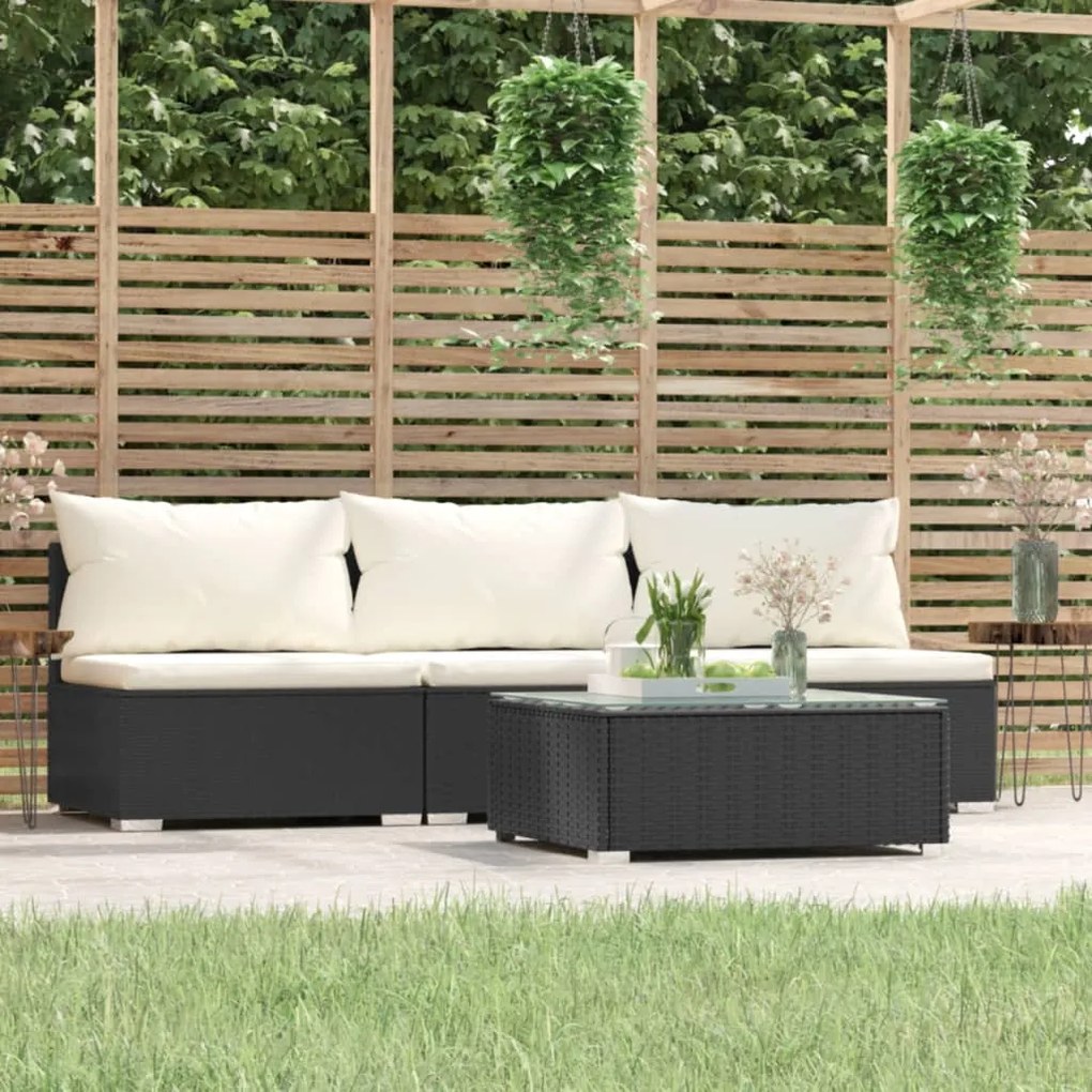 Set divani da giardino 4 pz con cuscini in polyrattan nero