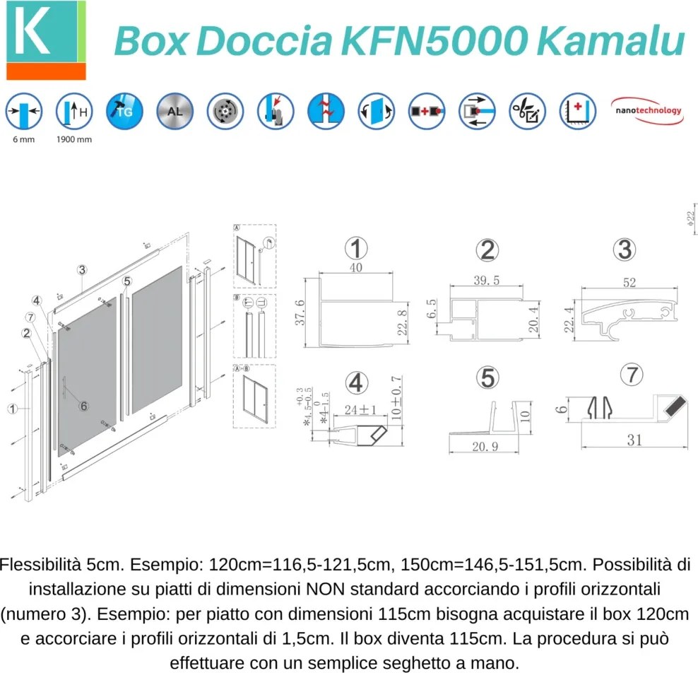 Box doccia nicchia 130cm con telaio colore nero KFN5000 - KAMALU