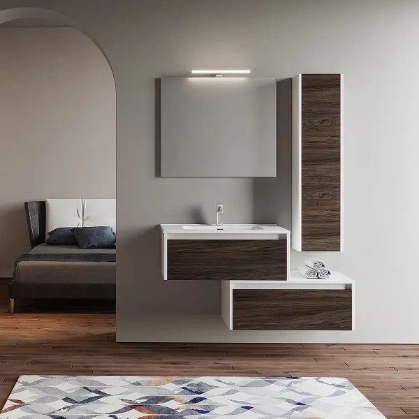 Mobile bagno sospeso con lavabo e doppia base 82 con cassetto LUNA2 Bianco/olmo caffč