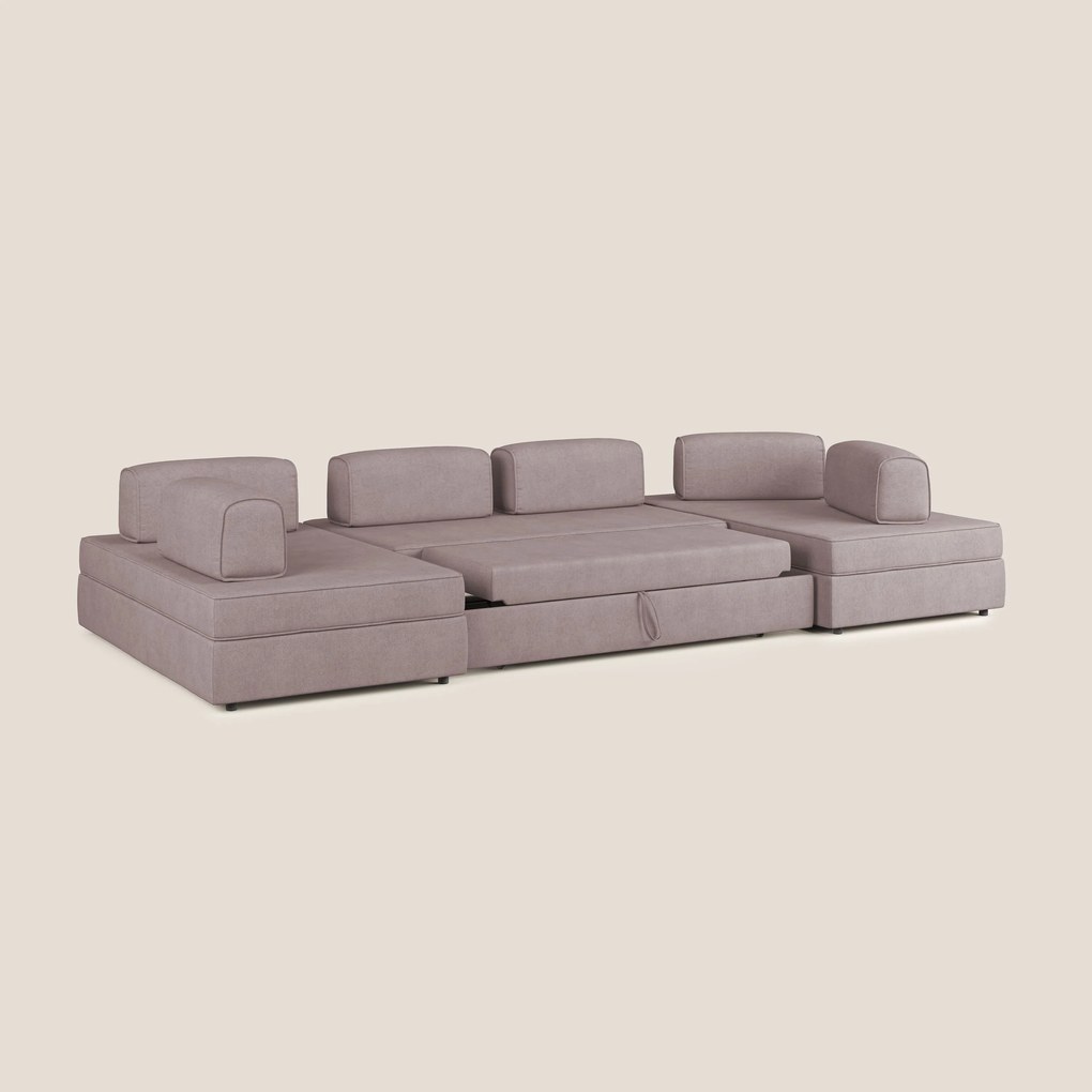Liberty divano panoramico con pouf estraibile e schienali movibili in tessuto morbido impermeabile T02 rosa