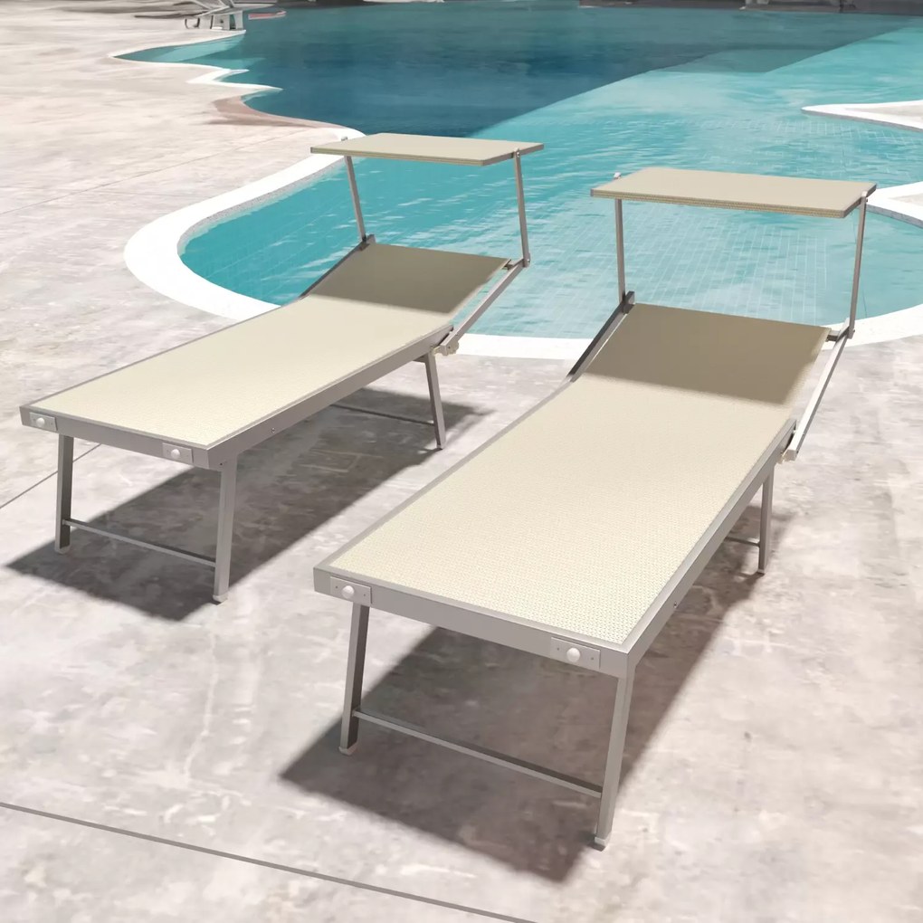 Coppia Di Lettini Beige Prendisole Pieghevole Professionale In Alluminio Tettuccio Orientabile Tettino Parasole Sdraio Lettino Prendi Sole Mare Spiaggia Piscina Giardino 182 x 60 x 38 cm