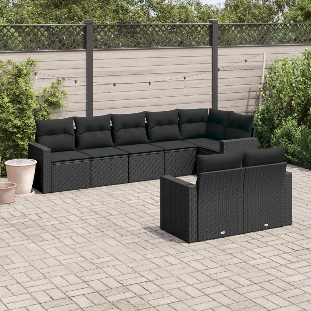 Set divani da giardino con cuscini 8 pz nero in polyrattan