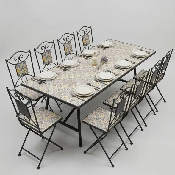 Set Tavolo E Sedie Da Esterno 100x200 Cm In Ferro E Maioliche Amalfi