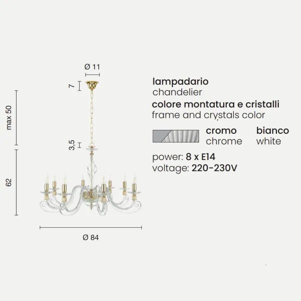 Lampadario a sospensione 1306 in vetro soffiato lavorato a mano 8 luci D84 cm BIANCO