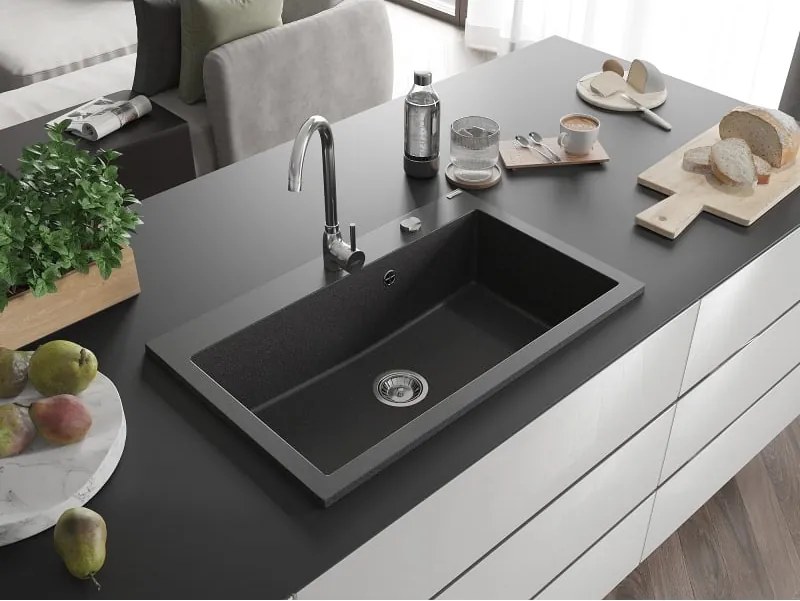 Mexen Elix lavello da cucina in granito, 1 vasca, 800 x 500 mm, nero maculato, sifone cromato - 6527801005-76