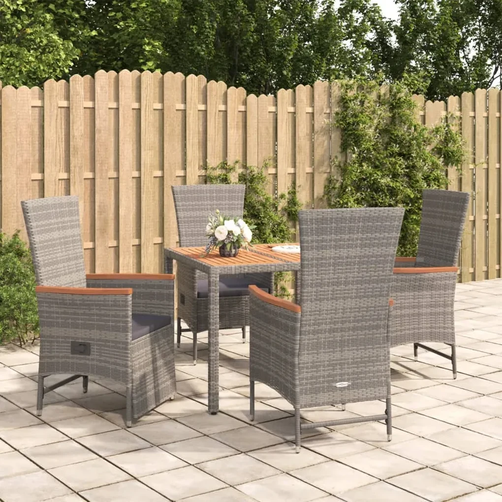 Set da pranzo da giardino 5 pz con cuscini in polyrattan grigio
