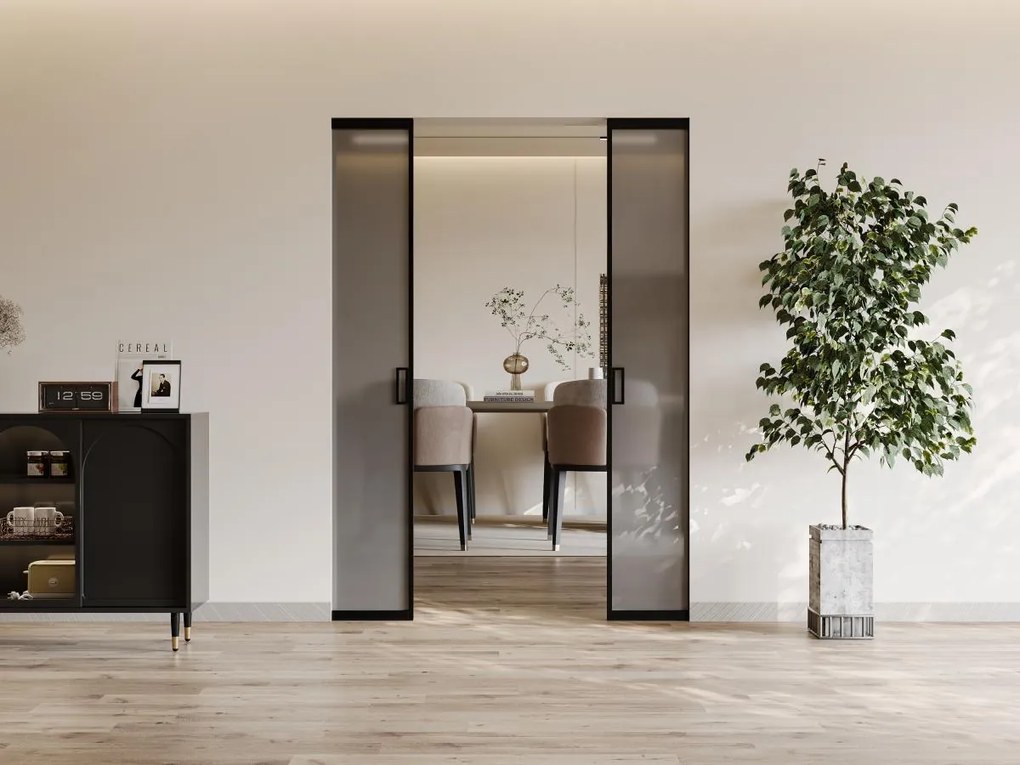 Porta scorrevole doppia con sistema a incasso vetro temperato fumé smerigliato 2 x H205 x L63 cm  - LINCI II