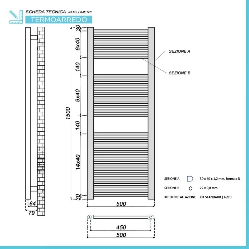 Termoarredo elettrico bianco 700w H150 x 50 interasse 45 cm