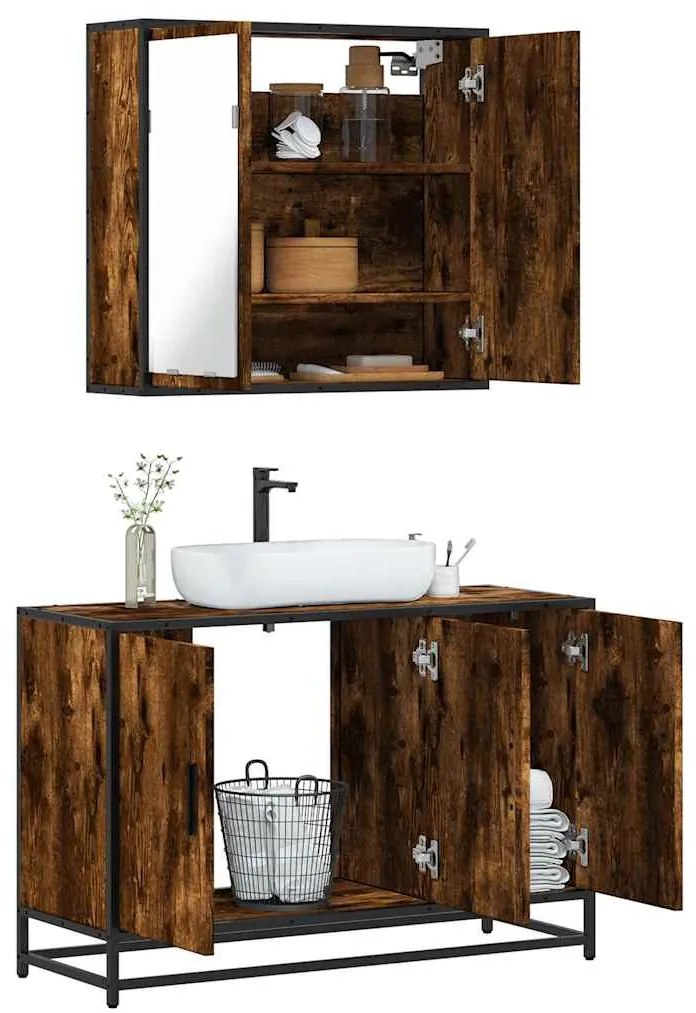 Set Mobili Da Bagno 2 Pz Rovere Fumo İn Legno Multistrato /