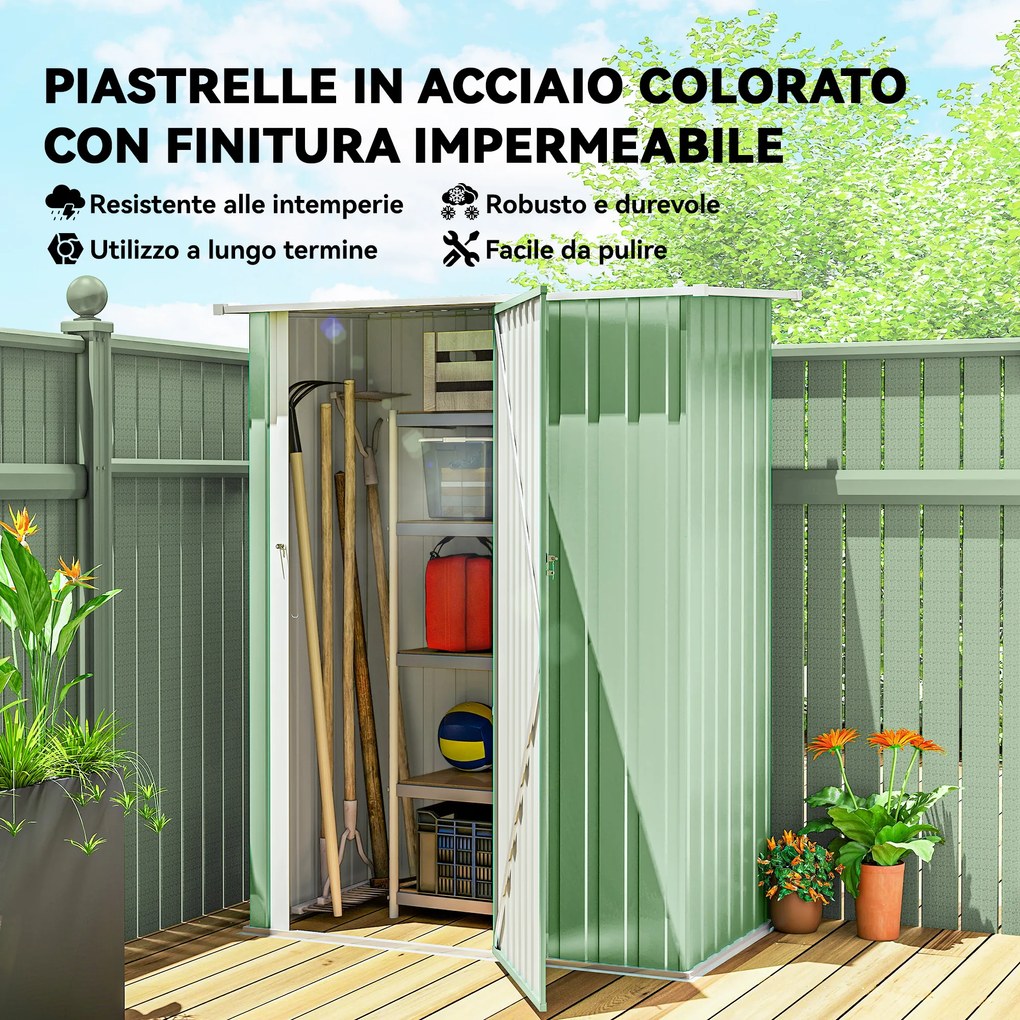 Capanno Porta Attrezzi 142x86x189 cm con Tetto Inclinato e Porta Bloccabile in Metallo Verde Chiaro...