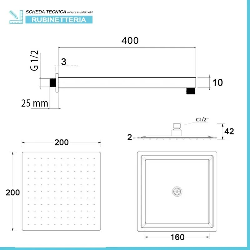 Kit doccia da incasso con soffione 20 cm e set completo nero opaco Lotus