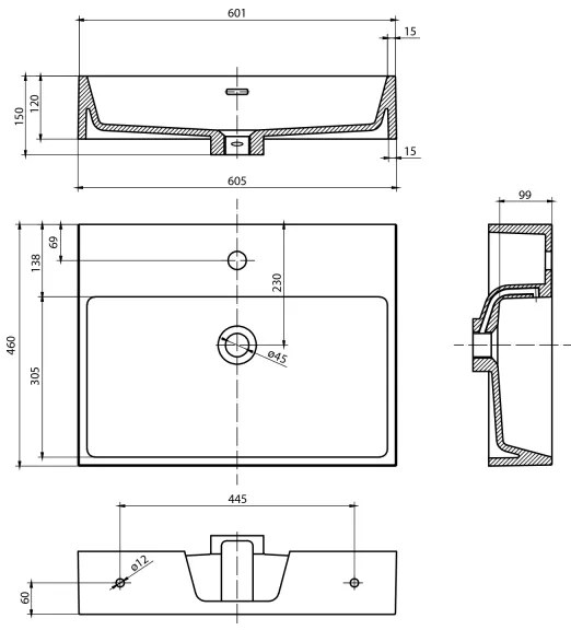 Sapho - Lavabo sospeso AQUATIC 60x46 cm ceramica/bianco
