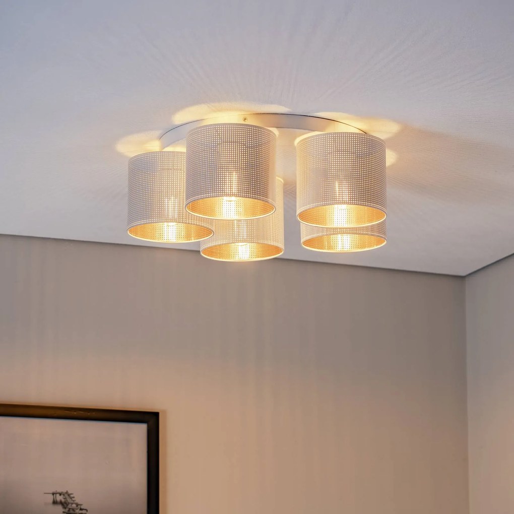 Luminex Plafoniera Jovin con cinque paralumi, bianco/oro