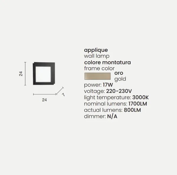 Applique LED in metallo Oro 24x24 cm e diffusore in acrilico PASSPARTOU