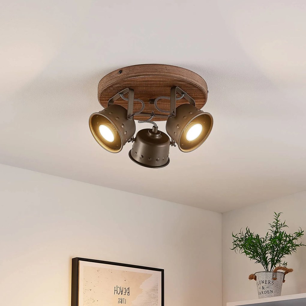 Faretto da soffitto Lindby Rubinjo, Ø 31 cm, 3 luci, legno