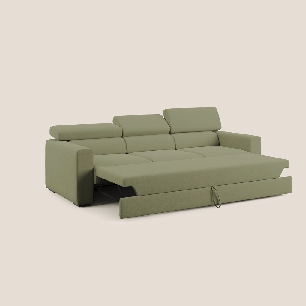 Dylan divano a 3 sedute con pouf estraibile poggiapiedi in tessuto fiammato simil cotone impermeabile T19 verde