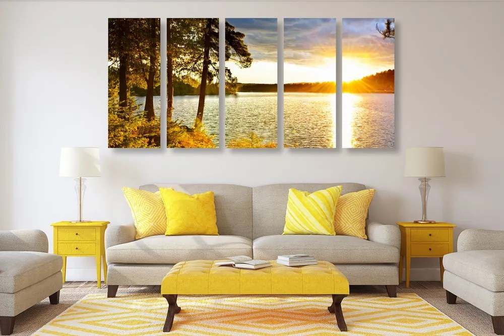 Quadri 5 pezzi – Tramonto sul lago