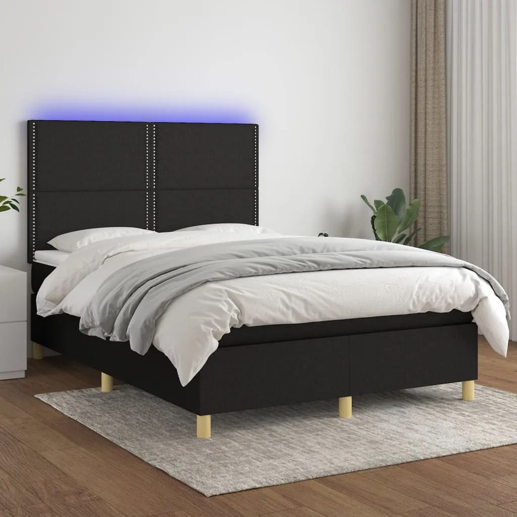 Letto a molle con materasso e led nero 140x200 cm in tessuto