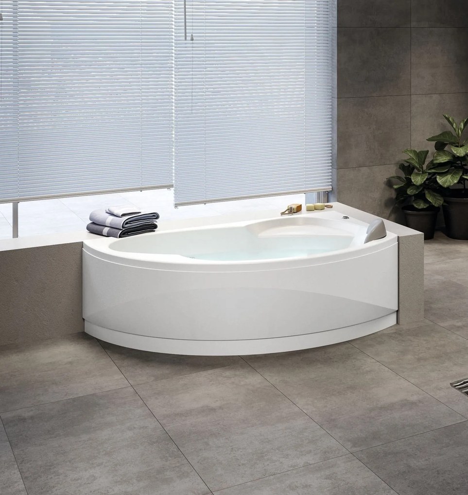 Vasca angolare 150x85 destra asimmetrica semicircolare con telaio ed 1 pannello bianco lucido Vogue Novellini