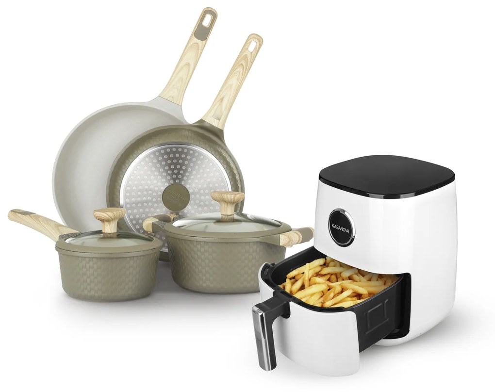 Set batteria 6 pezzi Bambù e friggitrice ad aria digitale 4 L 1250 W