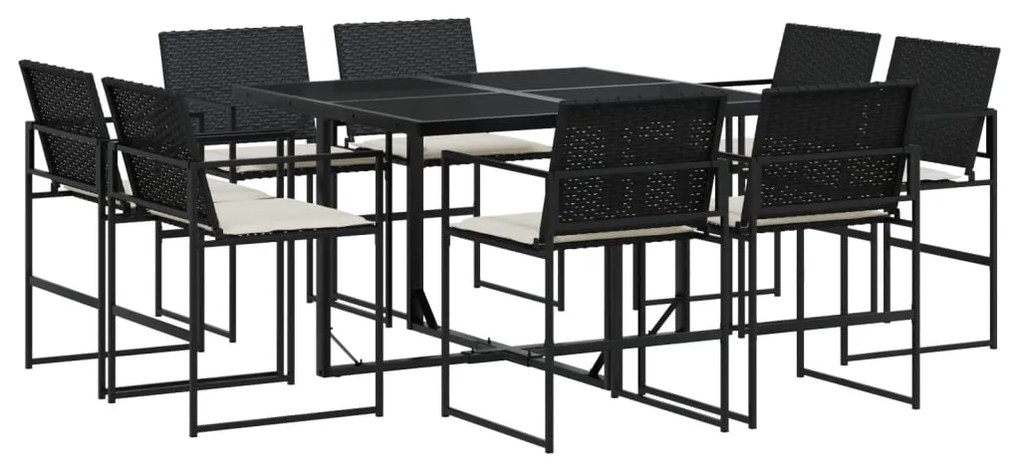 Set da pranzo da giardino 9 pz con cuscini nero in polyrattan