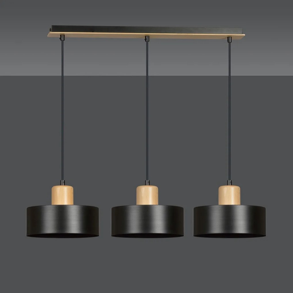 Lampadario a Sospensione in Acciaio e Legno TORIN 3 Nero 3xE27