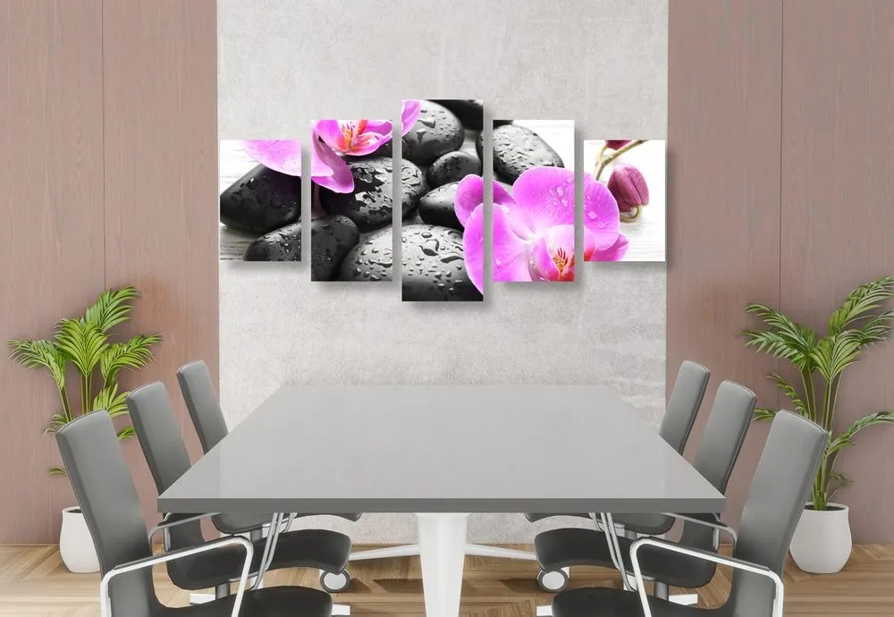 Quadri 5 pezzi – Bellissima armonia di pietre e orchidea