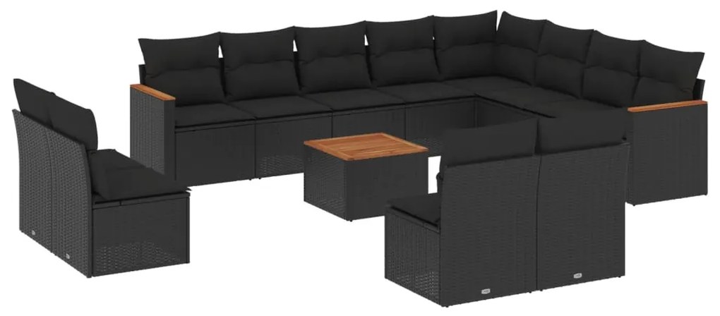 Set divani da giardino 13pz con cuscini nero in polyrattan