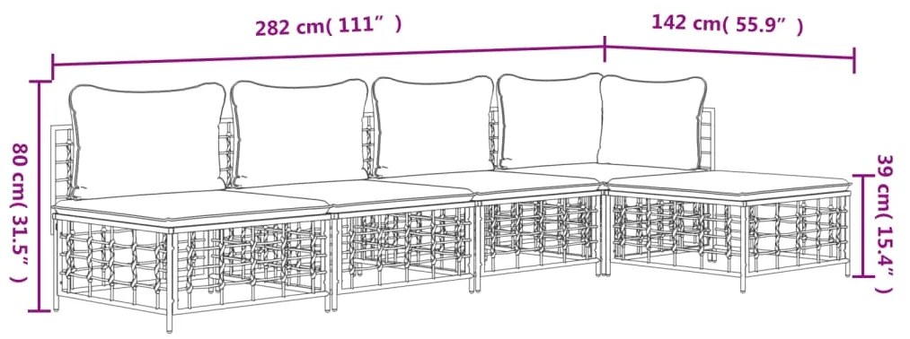 Set Divani da Giardino 5 pz con Cuscini Antracite in Polyrattan