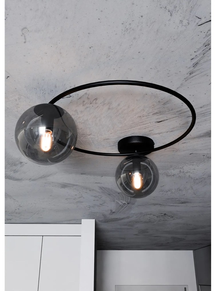 Plafoniera Minimal 2 Luci Perseo In Acciaio Nero E Sfere In Vetro Fumè