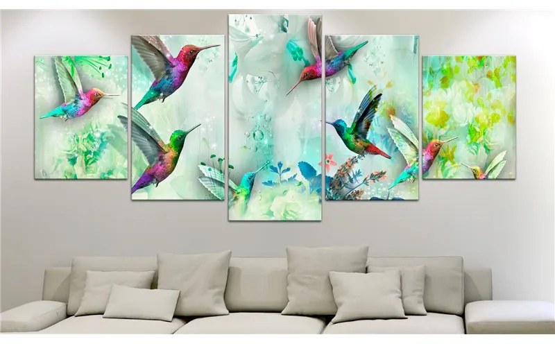 Quadro Colourful Hummingbirds (5 Parts) Wide Green