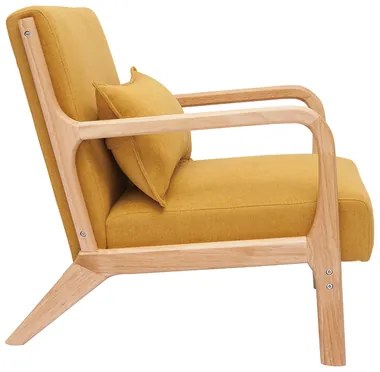 Poltrona scandinava in tessuto effetto velluto giallo senape e legno massello chiaro DERRY