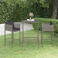 Set Bar da Giardino 3 pz con Cuscini in Polyrattan Grigio cod mxl 34828