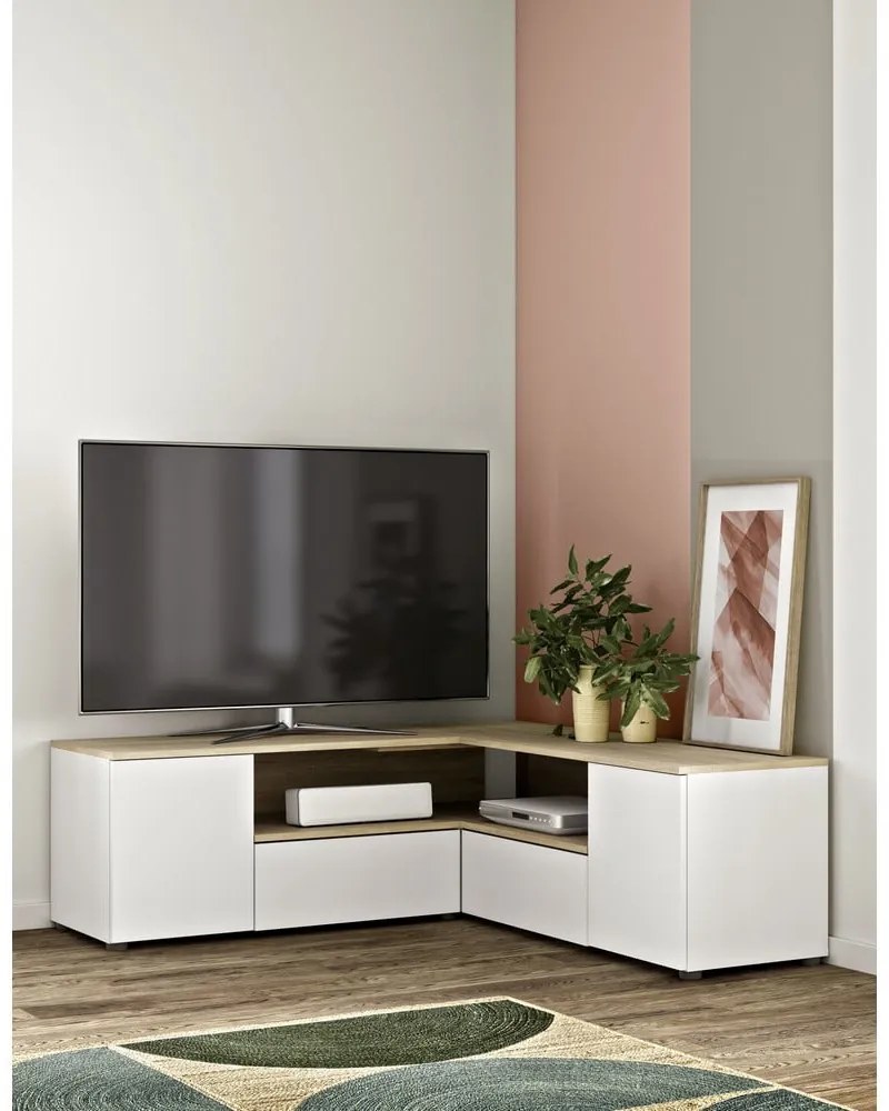 Tavolo TV in rovere decorato in bianco naturale 130x46 cm Angle - TemaHome
