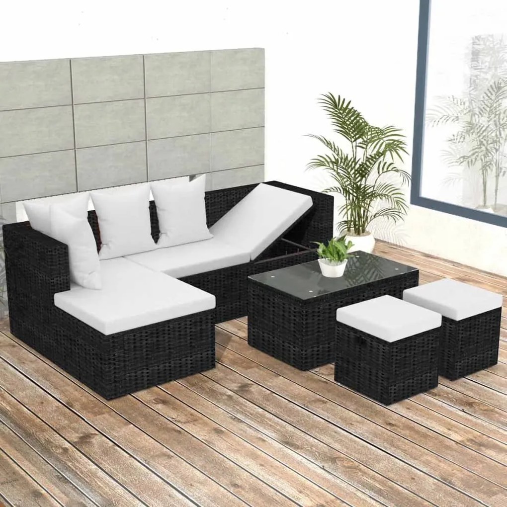 Set divani da giardino 4 pz con cuscini in polyrattan nero