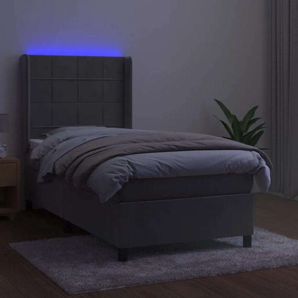 Letto a molle materasso e led grigio chiaro 90x200 cm velluto