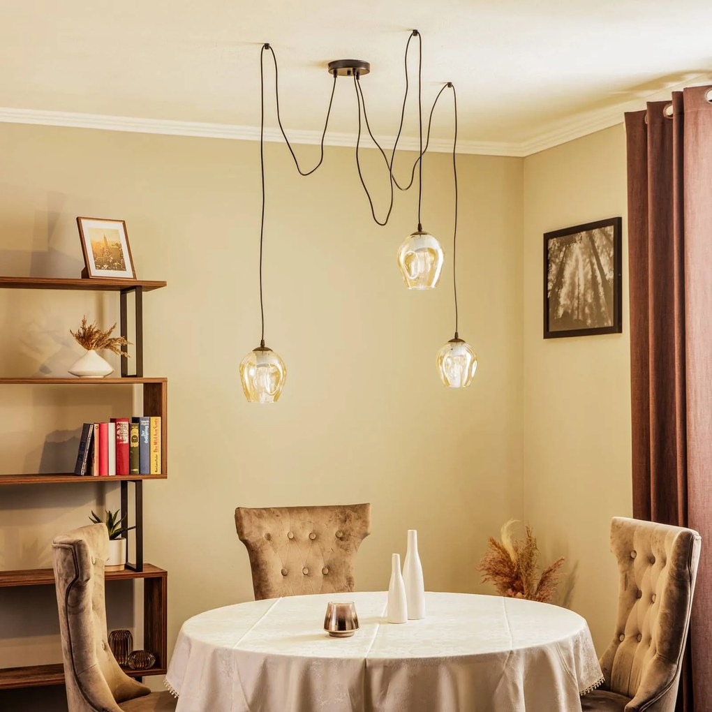 EMIBIG LIGHTING Lampada a sospensione Starla, vetro ambra, a 3 luci decentrata