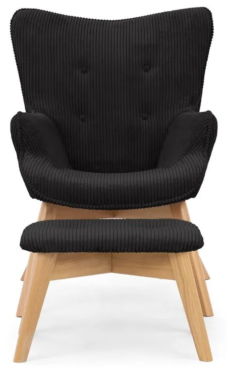 Poltrona con poggiapiedi nera con rivestimento in velluto a coste Niko – Ropez