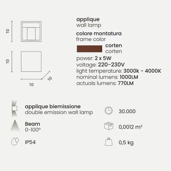 Applique in alluminio per esterni Corten con alette regolabili CUBE 10x10 cm