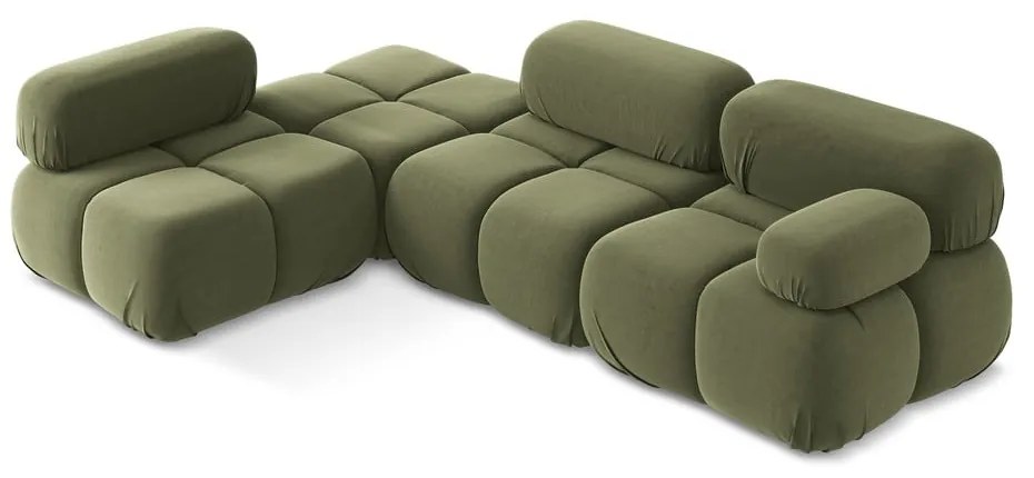 Divano angolare componibile verde chiaro (con penisola a sinistra) con rivestimento in velluto Lokua – Makamii