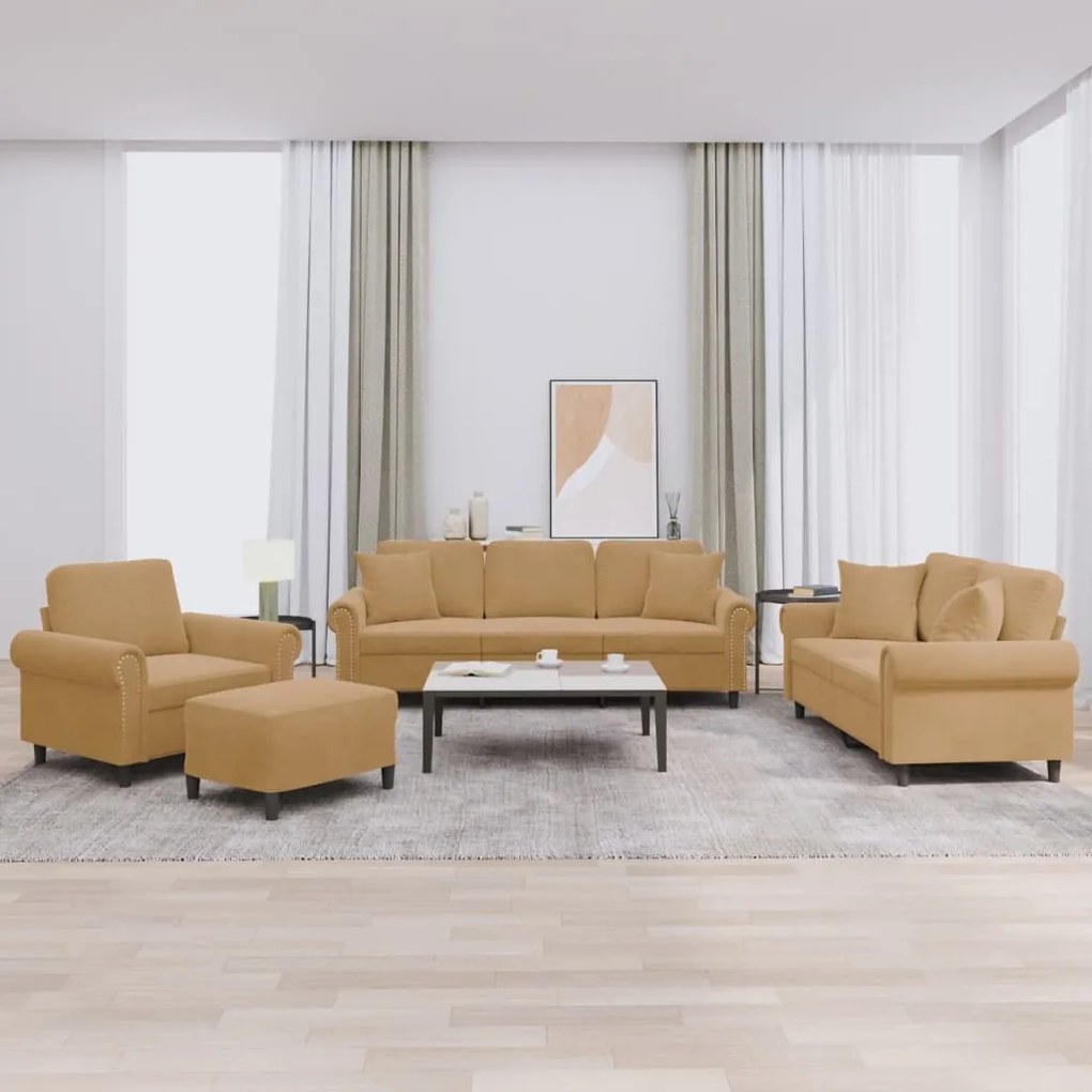 Set Di Divani 4 Pz Con Cuscini Marrone İn Velluto /