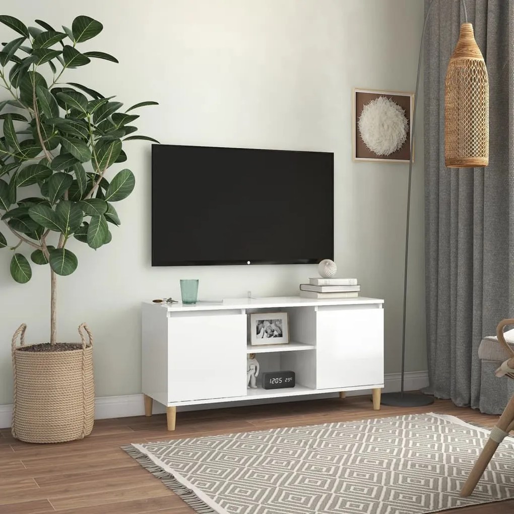 Mobile Tv Con Gambe Legno Massello Bianco Lucido 103,5x35x50 Cm /