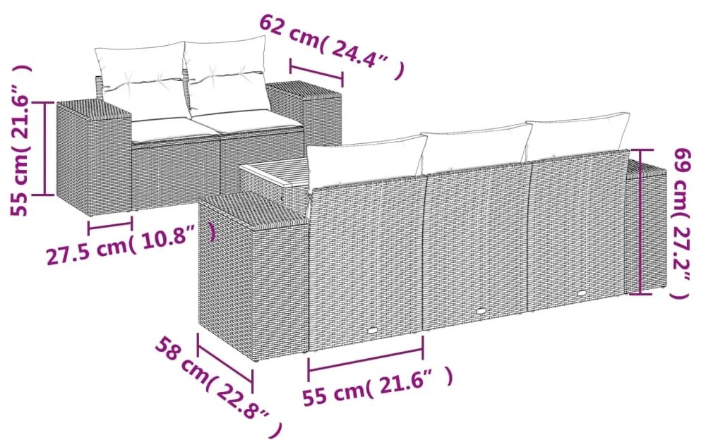 Set divano da giardino 6 pz con cuscini beige in polyrattan