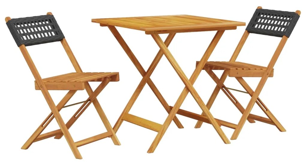 Set da bistrot 3 pz nero in polyrattan e legno massello