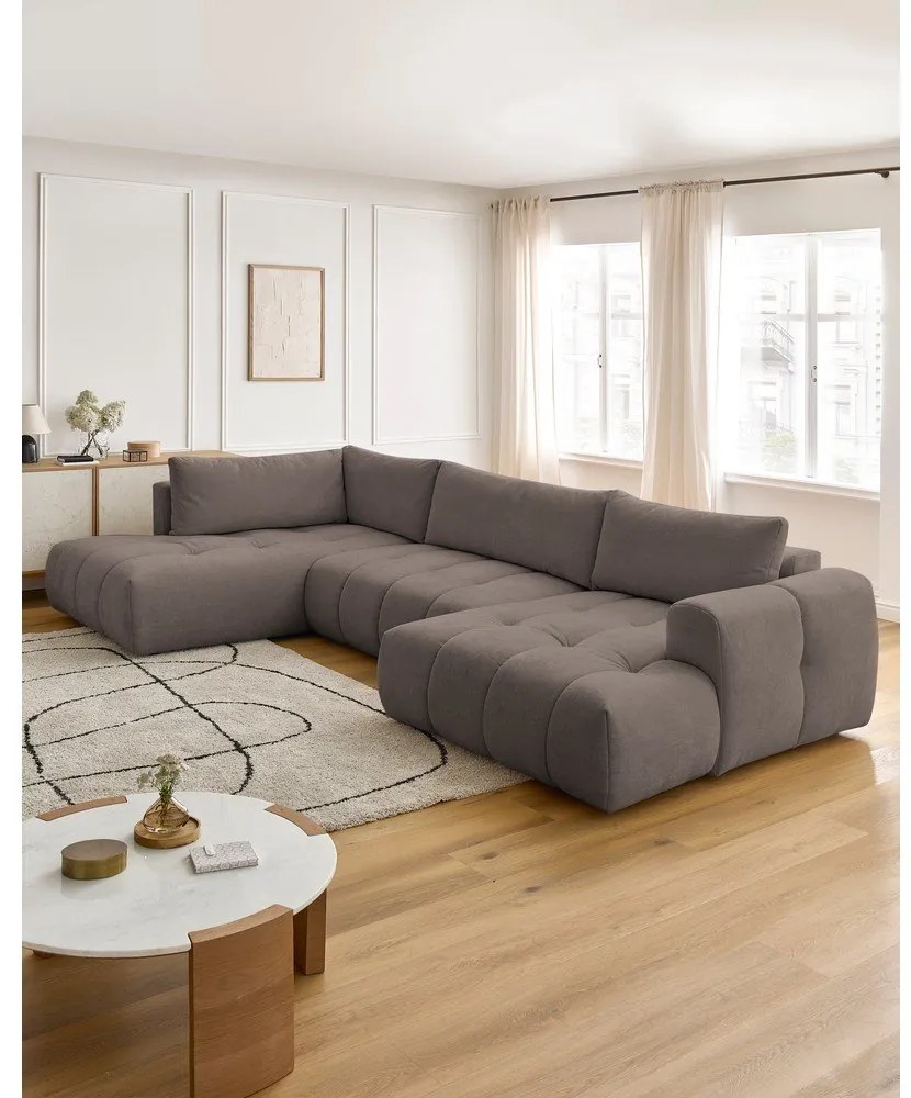 Divano angolare grigio tortora allungabile e con contenitore (penisola a sinistra/a U) con rivestimento in ciniglia Fuji – Bobochic Paris