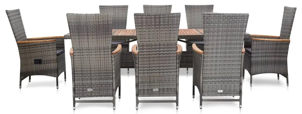 Set da Pranzo da Giardino 9 pz con Cuscini in Polyrattan Grigio